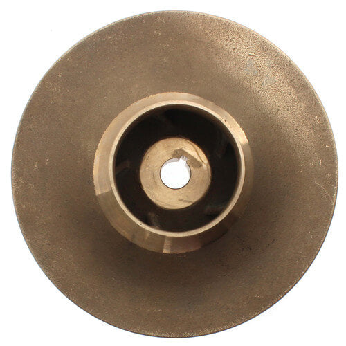 Brass impeller with 4-1/4 inch diameter and centered circular hub with mounting hole.