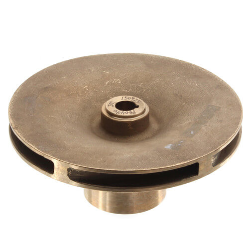 Brass impeller with flat disk top, center hub, and side ports, 4-1/4 inches diameter.