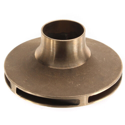 Brass impeller with flat circular base and central cylindrical hub featuring intake slots around the perimeter.