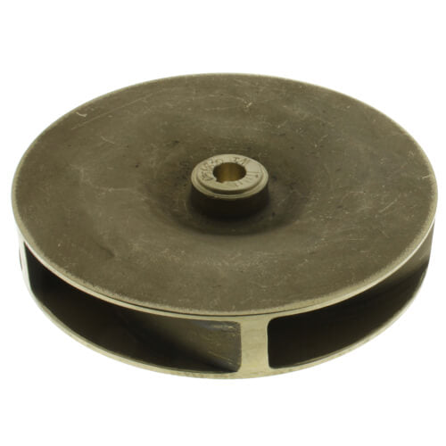 Brass impeller wheel with curved blades and center mounting hole, 4-3/4 inches in diameter.