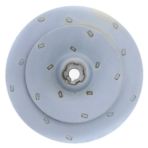 Steel pump impeller with 4-3/4 inch diameter, central mounting hole, and rectangular vanes around dual-level disk.