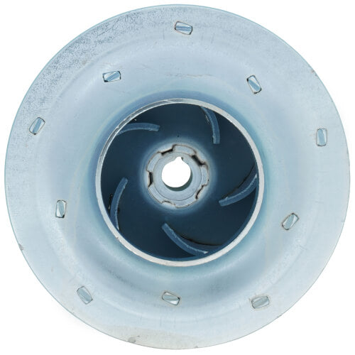 Blue steel pump impeller with curved blades and center hub, viewed from front with mounting holes around perimeter.