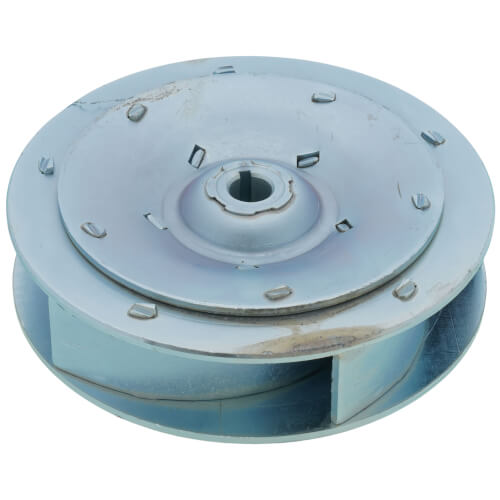 Steel pump impeller with 4-1/4 inch diameter, featuring central mounting hole and curved blade design on light blue finish.