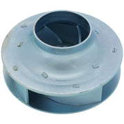 Steel pump impeller with curved blades inside light blue housing and center inlet opening.