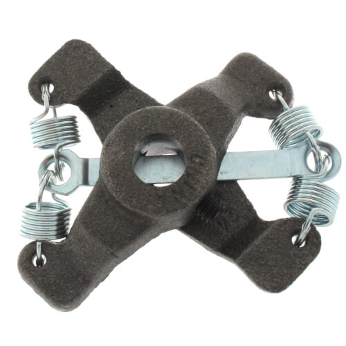 Dark gray cast iron coupler assembly with four arms, central circular opening, metal springs, and adjustment hardware.