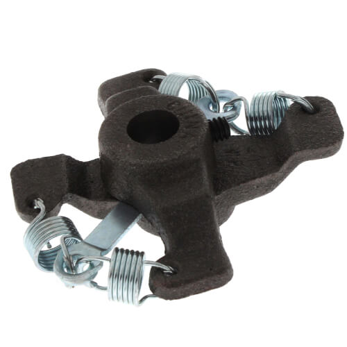 Black cast metal coupler assembly with three threaded metal connectors and spring clamps for pump mounting.