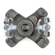 Gray cast iron coupler assembly with central hole and four threaded connector ports with metal clamps.