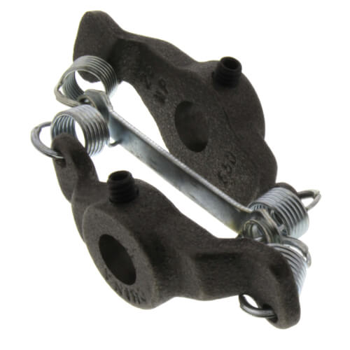 Black cast iron ring mount with two threaded metal couplers and connecting rod for pump assembly.