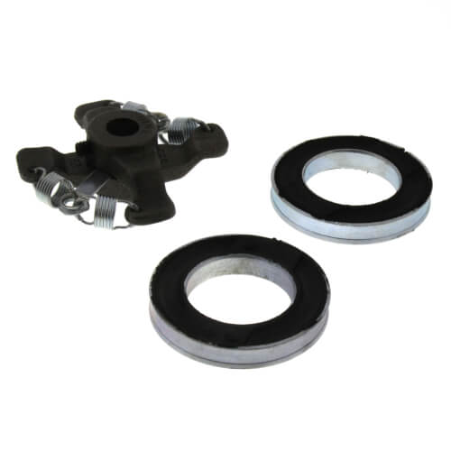 Black coupler assembly with threaded ports on left; two black and gray ring mounts on right.