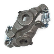 Metal coupler assembly with circular opening, two threaded connectors with coil springs, and mounting holes on dark gray cast