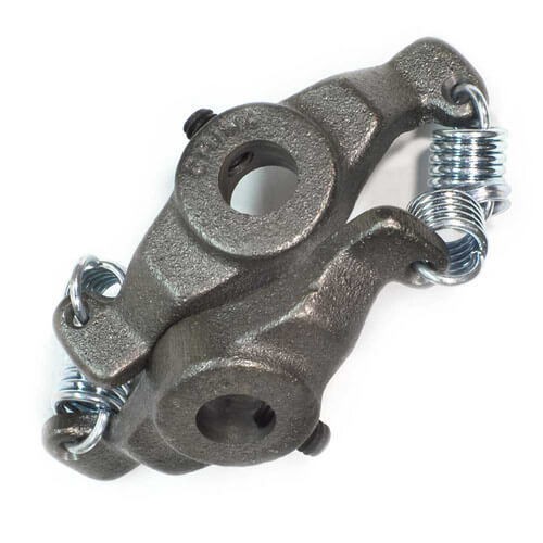 Metal coupler assembly with circular opening, two threaded connectors with coil springs, and mounting holes on dark gray cast