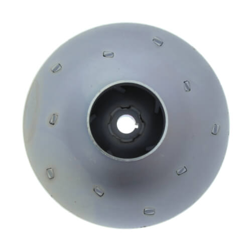 Steel impeller with gray curved blades arranged radially around a black center hub with mounting hole.