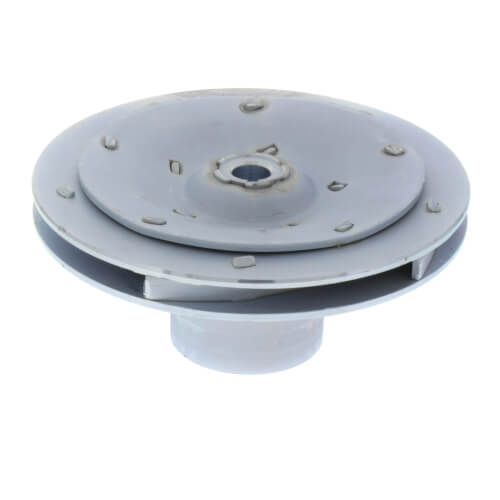 Gray steel impeller with circular flat design, center bore, mounting holes around perimeter, and black blade edge.