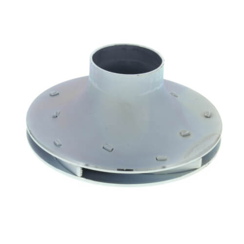 Gray steel impeller with 6-inch diameter, central cylindrical shaft, and flat curved blade base with mounting holes.