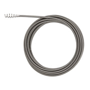 Coiled metal drain cleaning cable with bulb head attachment on left end.