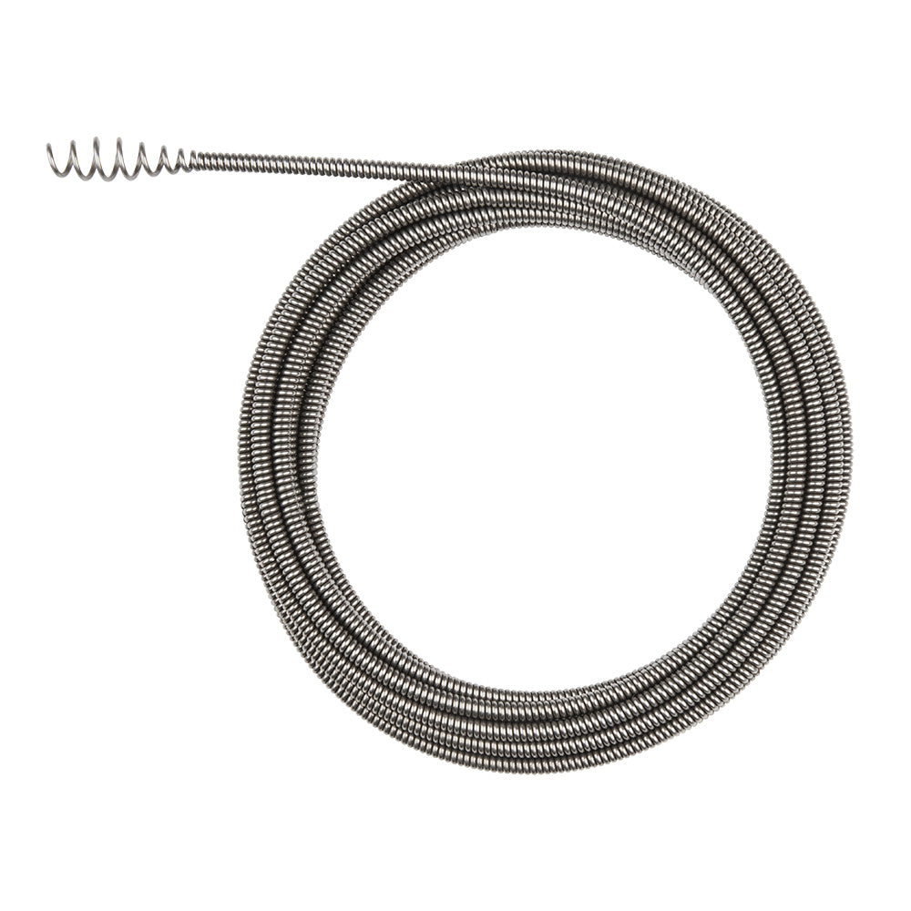 Coiled metal drain cleaning cable with bulb head attachment on left end.