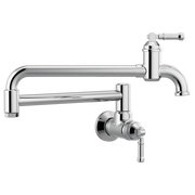 Chrome wall-mount pot filler faucet with articulating arm and lever handle control.