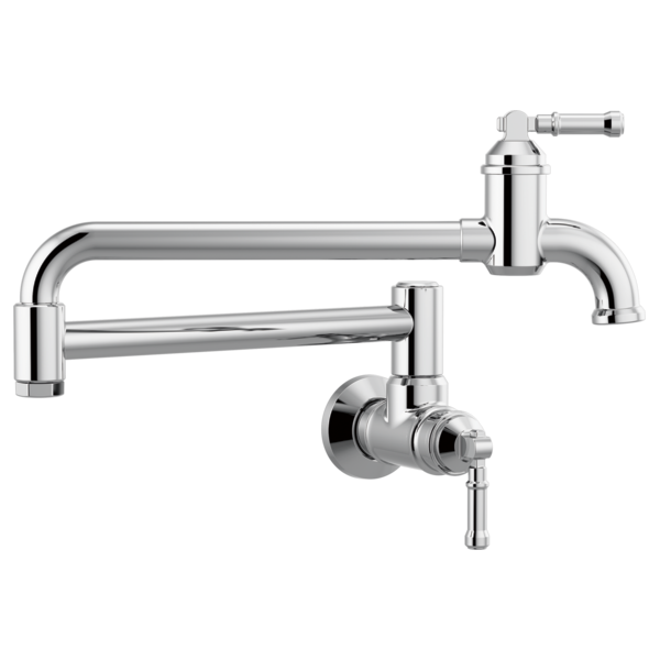 Chrome wall-mount pot filler faucet with articulating arm and lever handle control.