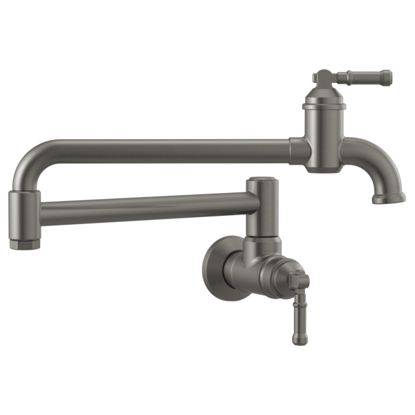 Brushed stainless steel wall-mounted pot filler faucet with articulating spout and single lever handle.