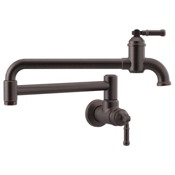 Oil-rubbed bronze wall-mounted pot filler faucet with articulating arm and lever handles.