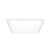 White freestanding bathtub with curved sides and overflow opening visible at rim.
