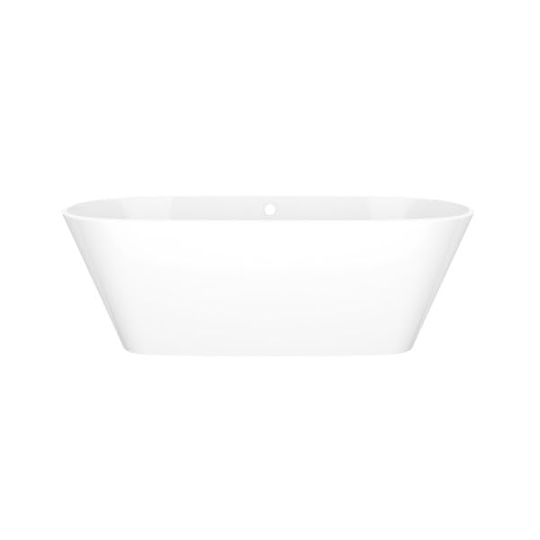 White freestanding bathtub with curved sides and overflow opening visible at rim.