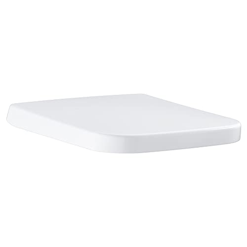 White elongated toilet seat with curved edges and rounded corners in a side view.