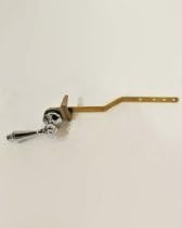 Antique copper toilet tank trip lever with curved brass arm and chrome connector piece.