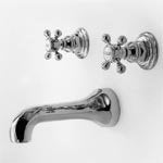 Polished nickel wall-mounted roman tub filler with two cross handles and curved spout.