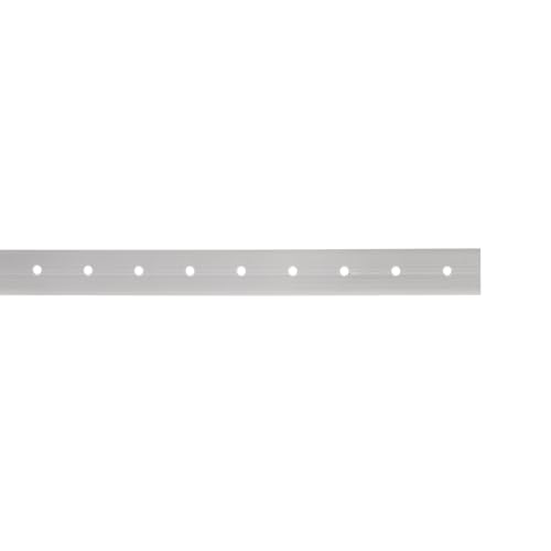 Gray metal pipe securing strap with evenly spaced mounting holes along its length.