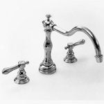 Satin nickel three-piece Roman tub faucet with curved spout and dual handles on white background.