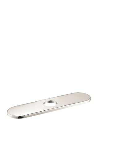 Polished nickel rectangular base plate with single center hole for kitchen faucet installation.