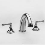 Antique brass three-piece roman tub faucet with curved spout and two lever handles.