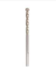 Long silver drill bit with spiral flutes and carbide-tipped pilot point on white background.