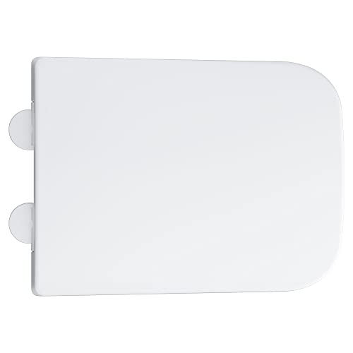 White elongated toilet seat with rounded corners and two visible hinge mechanisms on the left side.