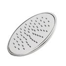 Large oval chrome rainfall shower head with perforations, English bronze finish.