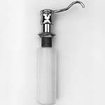 Antique bronze soap dispenser with curved brass pump and white cylindrical ceramic bottle.