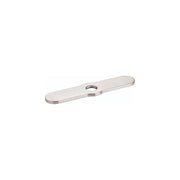 Brushed steel rectangular base plate with single center hole for kitchen faucet installation.