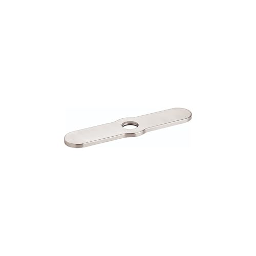Brushed steel rectangular base plate with single center hole for kitchen faucet installation.