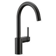 Matte black kitchen faucet with curved spout and single side-mounted handle.