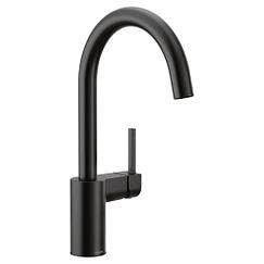 Matte black kitchen faucet with curved spout and single side-mounted handle.