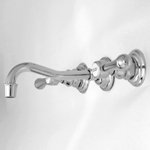 Wall-mounted bathroom sink faucet with curved spout and decorative handles in satin nickel finish.
