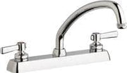 Chrome deck-mounted faucet with 8-inch fixed centers, curved short spout, and wristblade handles.