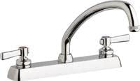 Chrome deck-mounted faucet with 8-inch fixed centers, curved short spout, and wristblade handles.