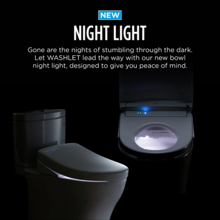 Round white Toto S5 Washlet toilet seat with remote control and illuminated bowl night light feature.