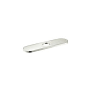 Chrome base plate for single-hole kitchen faucet with elongated oval shape and center mounting hole.