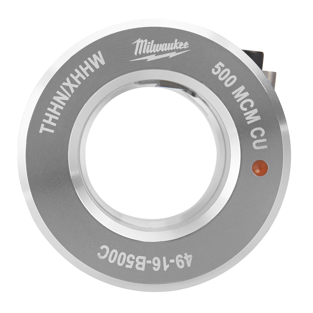 Gray circular bushing with white center ring, marked "THHNXHHW" and "500 MCM Cu" with Milwaukee branding and model number.