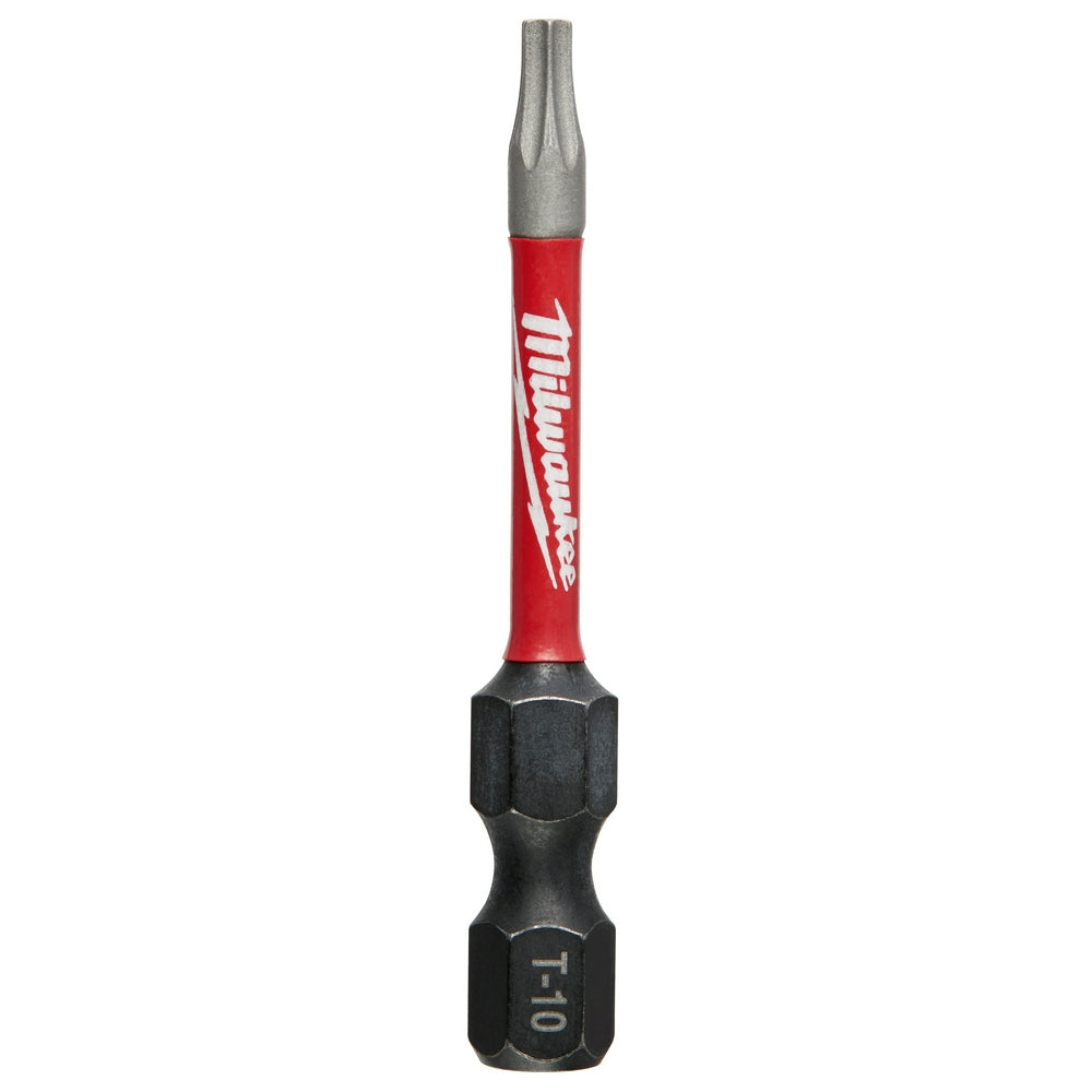 Milwaukee Shockwave T10 impact driver bit with red sleeve, gray metal tip, and black hexagonal socket end.