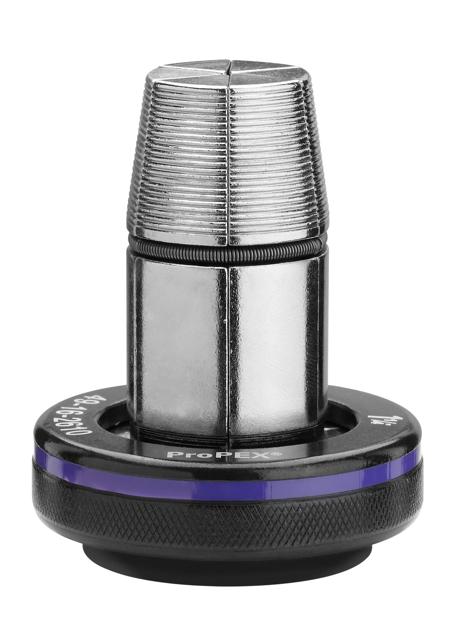 Milwaukee ProPEX 1-1/4-inch expander head with threaded metal cone and black rubberized base with purple band.
