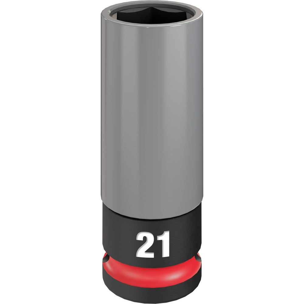 Gray and black 21MM metric lug nut socket with 1/2 inch drive and red impact ring.